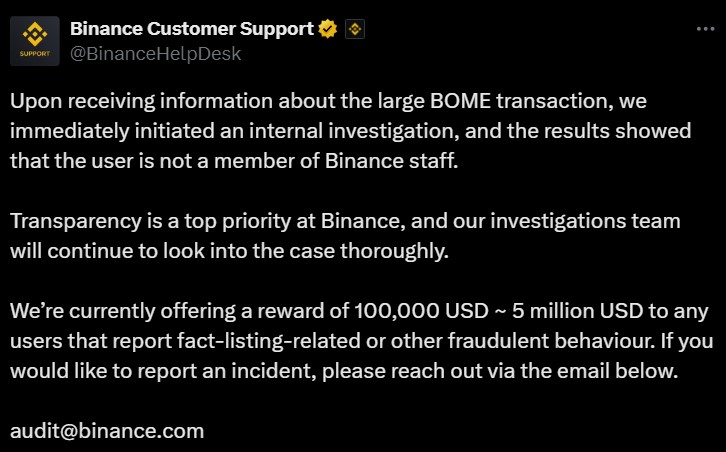 Binance announcement on insider trading investigation. Sumber X/binance